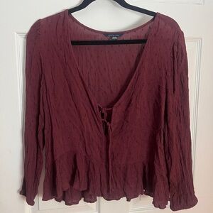 American Eagle Outfitters Wine Tie-Front Peasant Blouse